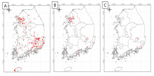 생태계교란 생물의 국내 분포 지도. (A) 붉은귀거북, (B) 리버쿠터, (C) 중국줄무늬목거북