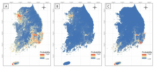 앙상블 모델 결과 생성된 국내 잠재적 분포 예측 지도. (A) 붉은귀거북. (B) 리버쿠터, (C) 중국줄무늬목거북