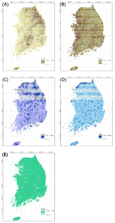 수집된 환경변수 데이터 지도. (A) 고도, (B) 경사도, (C) 호수와의거리, (D) 하천과의 거리, (E) 정규식생지수(NDVI)
