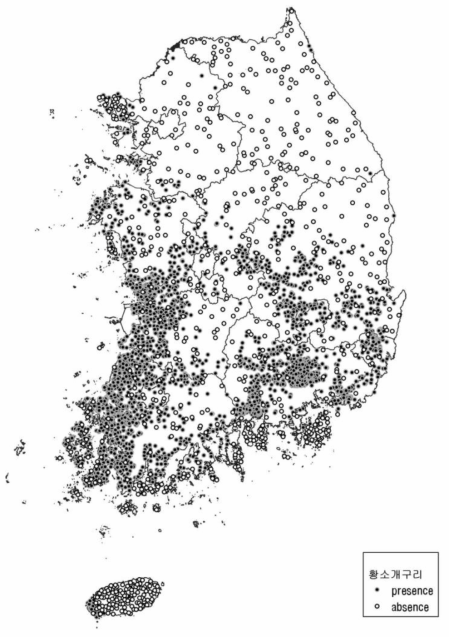 황소개구리의 출현자료(presence)와 가상 비출현자료(Pseudo-absence) 지도