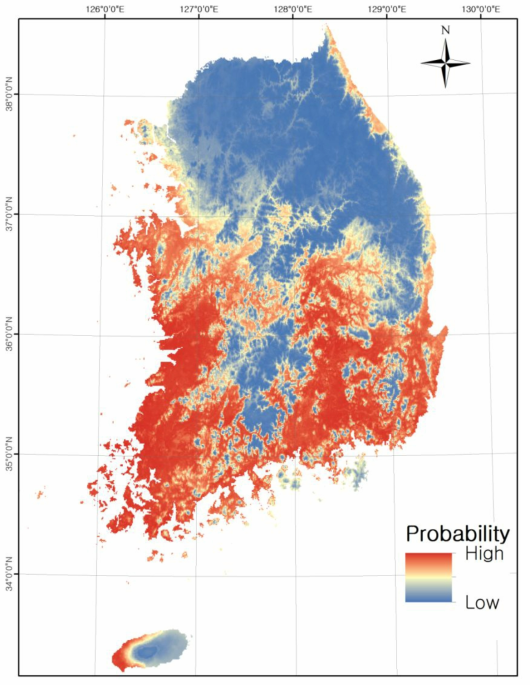 앙상블 모델 결과로 생성된 황소개구리 국내 잠재적인 분포 예측 지도
