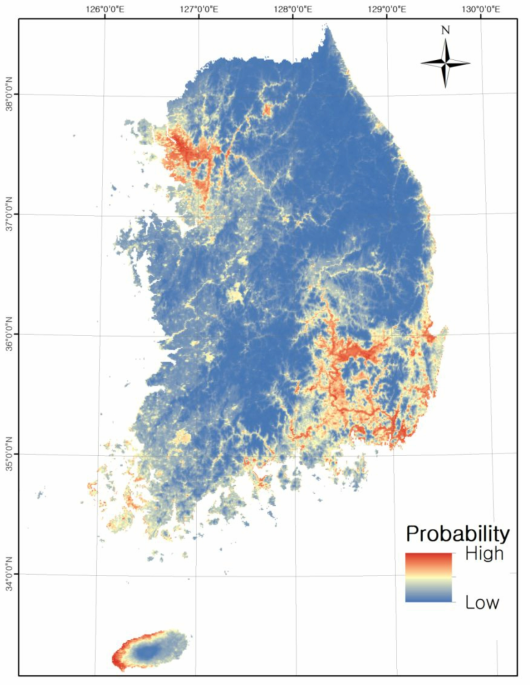 앙상블 모델 결과로 생성된 붉은귀거북 국내 잠재적인 분포 예측 지도