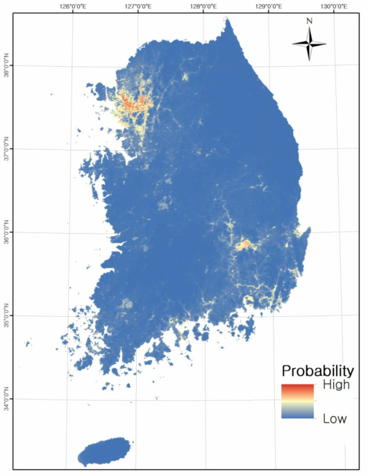 앙상블 모델 결과로 생성된 리버쿠터 국내 잠재적인 분포 예측 지도
