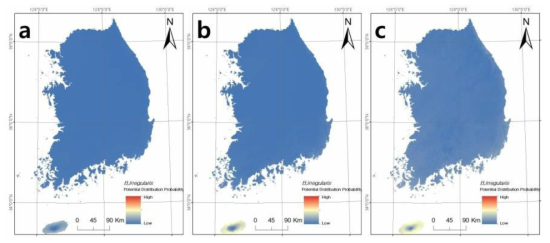 호주갈색나무뱀(B. irregularis)의 현재(a) 2050년 (b) 2070년 (c) 국내 서식지 적합성