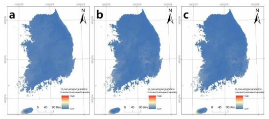 가짜지도거북(G. pseudogeographica)의 현재(a) 2050년 (b) 2070년 (c) 국내 서식지 적합성