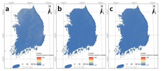 유럽살모사(V. aspis)의 현재 (a) 2050년 (b) 2070년 (c) 국내 서식지 적합성