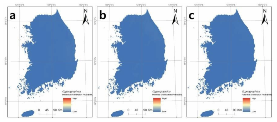 지도거북(G. geographica)의 현재 (a) 2050년 (b) 2070년 (c) 국내 서식지 적합성