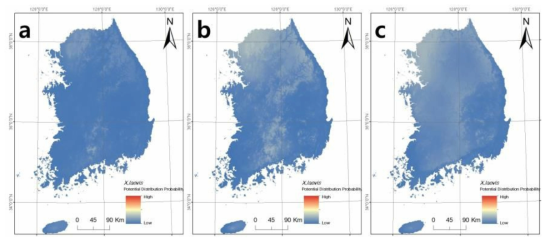 아프리카발톱개구리(X. laevis)의 현재(a) 2050년 (b) 2070년 (c) 국내 서식지 적합성