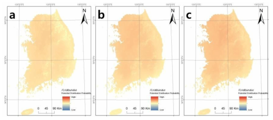 웃는개구리(P. ridibundus)의 현재(a) 2050년(b) 2070년(c) 국내 서식지 적합성