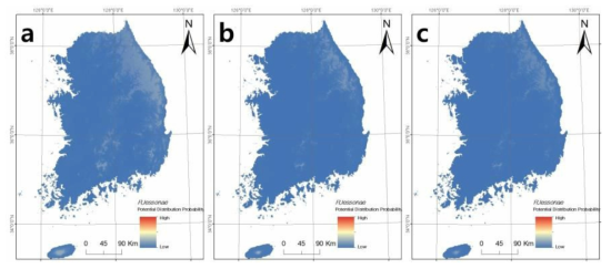 유럽연못개구리(P. lessonae)의 현재(a) 2050년(b) 2070년(c) 국내 서식지 적합성