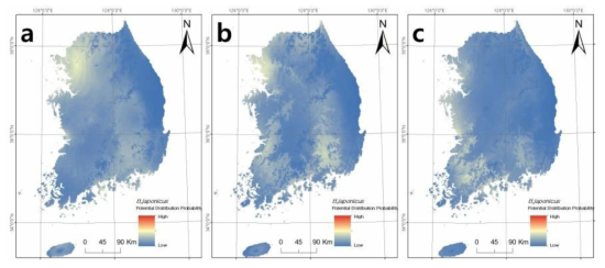 일본두꺼비(. japonicus)의 현재(a) 2050년(b) 2070년(c) 국내 서식지 적합성