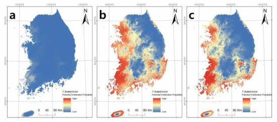 히로시마늪개구리(F. kawamurai)의 현재(a) 2050년 (b) 2070년 (c) 국내 서식지 적합성