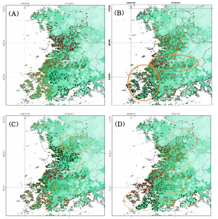 황소개구리의 기존데이터(2006~2017년)를 활용한 군집 분석 결과 지도. (A)~(D) : Cluster = 5, 7, 10, 15