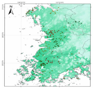 황소개구리의 신규데이터(2019년)를 활용한 군집분석 결과 지도(Cluster = 15)