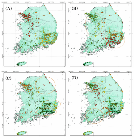 붉은귀거북의 기존데이터(2006~2017년)를 활용한 군집 분석 결과 지도. (A)~(D) : Cluster = 5, 7, 10, 12