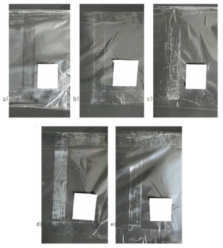 Boil Test 후의 내마모성 평가: a) 15 wt% PVDF in DMF (3.0), b) 15 wt% PVH in MEK (1.5), c) 30 wt% PVH in MEK (1.5), d) 15 wt% PVC in MEK (2.0), e) 30 wt% PVC in MEK (2.0)