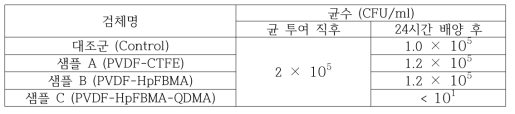 대장균에 대한 항균 활성 시험 결과