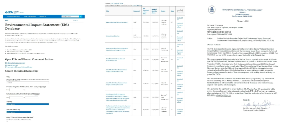 미국 EPA에서 운영중인 EIS Database 및 사업 검색 결과, 사업에 대한 EPA의 의견 예시