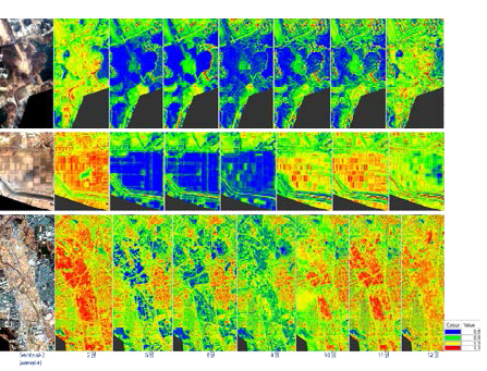 Sentinel-2 수분 스트레스 지수 영상 (MSI, Moisture Stress Index) 월별 비교