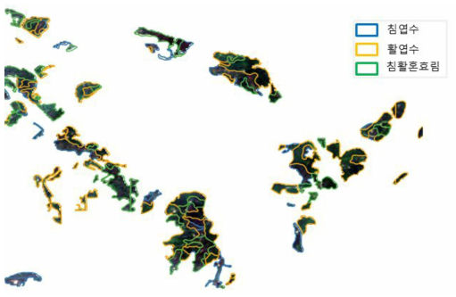 Sentinel-2 , 임상도 내 임상 종류 속성(FRTP_CD) 폴리곤 오버레이 영상 (연구지역 일부, 광교호수공원 부근)