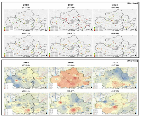 수원시 2018, 2019, 2020년 오후 2시 도시열섬 강도 맵핑