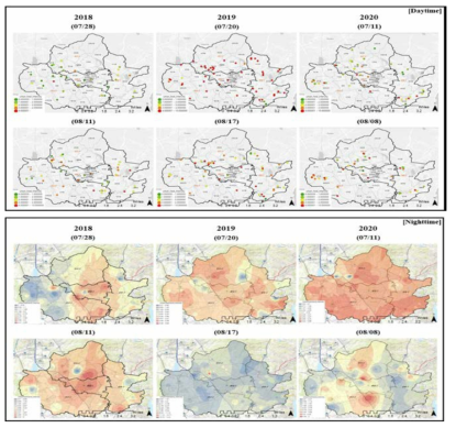 수원시 2018, 2019, 2020년 오후 9시 도시열섬 강도 맵핑
