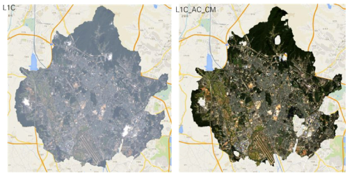 (좌) 수원시 Landsat 8 Collection 1 Level 1 영상 (우) 6S 기반 대기보정 적용 및 구름 제거 적용 영상