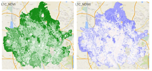 (좌) Landsat 8 기반 수원시 NDVI 영상 (우) NDWI 영상