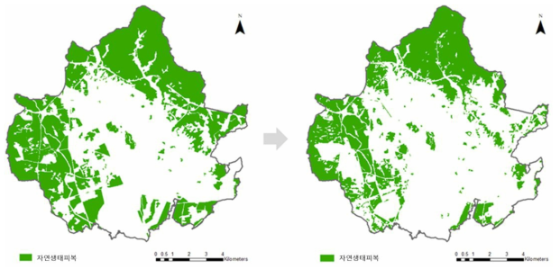 수원시 산림지역 변화(좌: 2007년, 우: 2018년)
