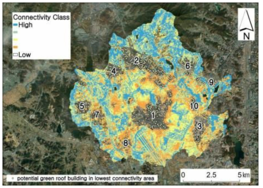 연결성 하위 20% 중 면적이 넓은 상위 10개 지역 및 옥상녹화 가능 건물 위치