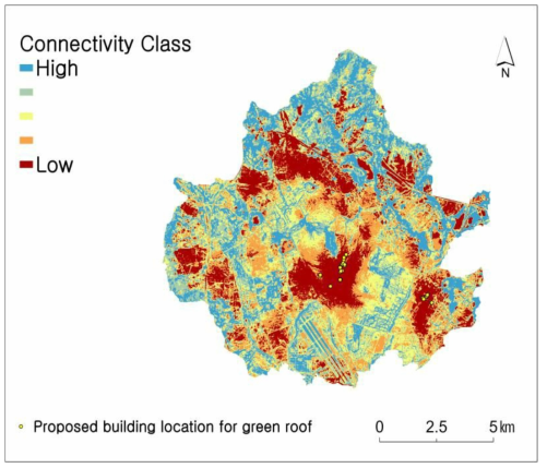 연결성 하위 지역을 보완하기 위해 최종 선정된 옥상녹화 위치