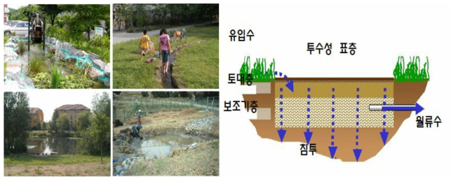 도심 내 수공간 조성 *출처: 조용현. 2004. 생물다양성 증진 기법. 『서울시 비오톱 유형 특성과 생물다양성 증진방안 심포지움 자료집』. 서울시정개발연구원