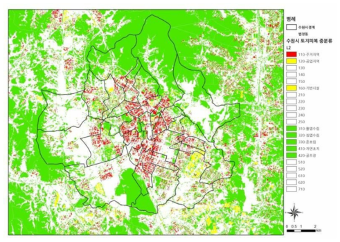 수원시 토지피복 중 주거, 공업, 기반, 녹지지역 구성