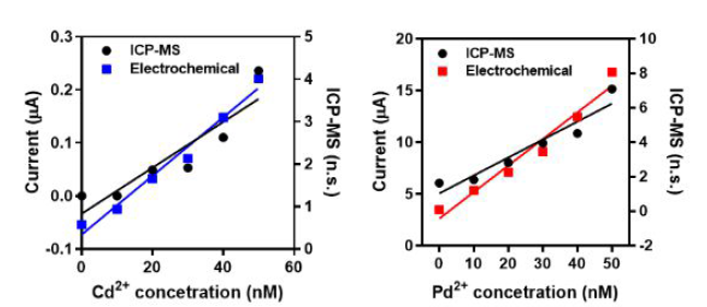 납, 개발한 전기화학 전극과 ICP-MS으로 측정한 농도별 중금속 신호 (좌: 카드뮴, 우: 납)