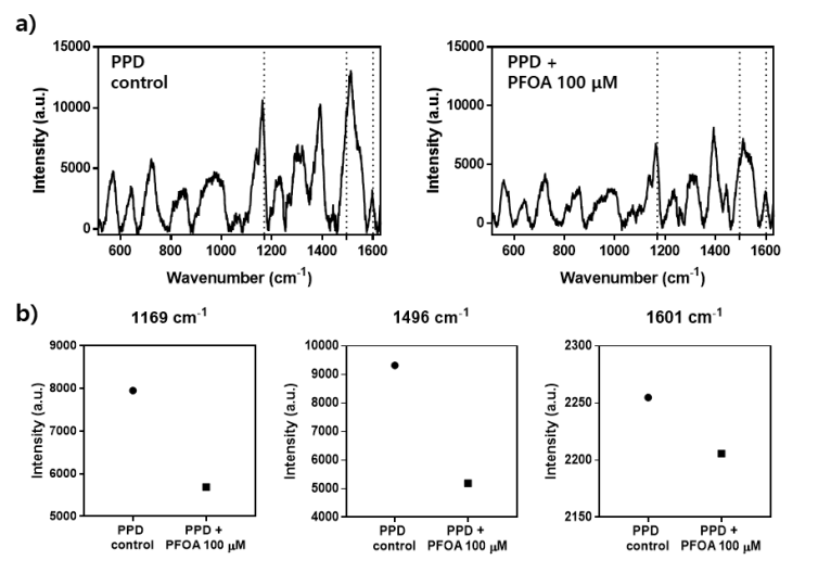 a) PFOA 반응 유무에 따른 라만 SERS spectra, b) PFOA 반응 유무에 따른 PPD의 고유 라만 peak에서의 intensity 차이
