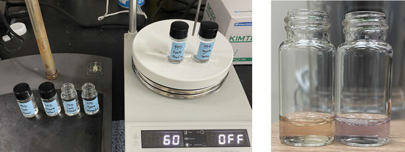 (좌)다양한 조건별 PPD의 산화 최적화 실험, (우)PPD와 PFOA의 반응 결과