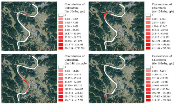 클로로포름 유출 사고에 대한 모델링 결과(유출농도 8mg/L, 유출량 2.8kg)