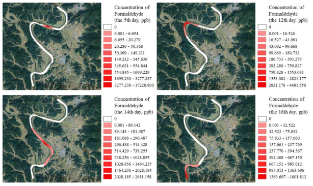 포름알데히드 유출 사고에 대한 모델링 결과(유출농도 50mg/L, 유출량 17.5kg)