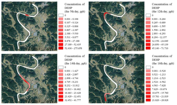 디에틸헥실프탈레이트 유출 사고에 대한 모델링 결과(유출농도 0.8mg/L, 유출량 0.28kg)