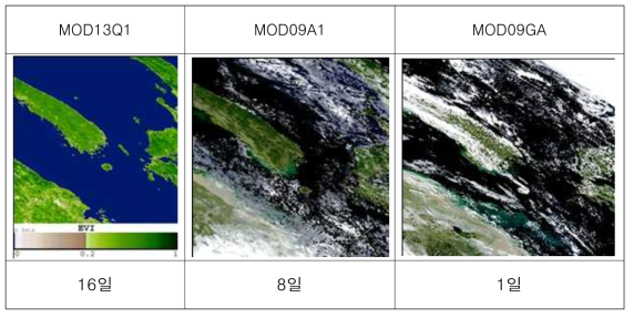 MODIS 위성 데이터 시간해상도-구름 효과 표현 예