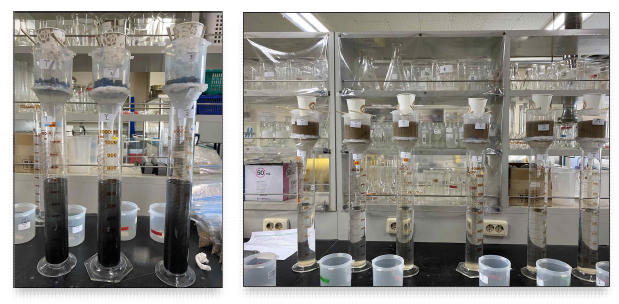 침출수 실험 진행 사진. 왼쪽 사진은 실험 1의 바이오차 처리구이며, 오른쪽 사진은의 왼쪽부터 실험 2의 대조구, 바이오차 처리구임