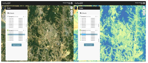 수원시 (좌) Landsat RGB 영상 (우) Landsat NDVI 영상