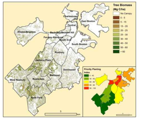 고해상도 QuickBrid, LiDAR 자료를 이용한 보스턴 지역 바이오매스 추정 지도 (Raciti et al., 2016)