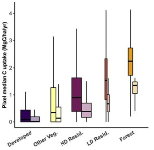 토지 피복별 연간 바이오매스 흡수율: 어두운 박스 플롯은 도시 모델이며, 밝은 박스 플롯은 시골 지역의 산림 모델을 나타냄. 박스 플롯의 넓이는 토지 피복의 전체 면적에 비례함(Trlica et al., 2020)