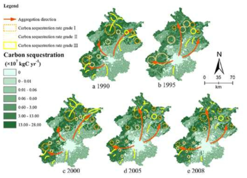 1990년과 2008년 사이 베이징 탄소 포집량의 공간 분포 (Zhang et al., 2014)