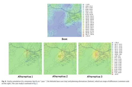 헬싱키의 기본 사례 연 누적 CO2 배출(kg CO2/m2/yr) 및 기본 사례와 대안의 연 누적 CO2 배출량 차이