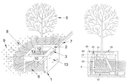 박스형 식재 기반의 예시 (국제출원번호 PCT/US2016/051205 (2016.09.11.) “Tree frame and grate system and method to improve growth of vegetation in an urban environment”)