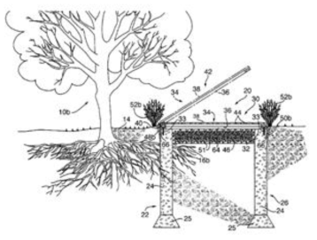 덮개형 식재 기반의 예시 (특허등록번호 US07-752-805-B2 (2010.07.13.) “Structure and method for enabling tree root growth beneath adjacent surfaces”)