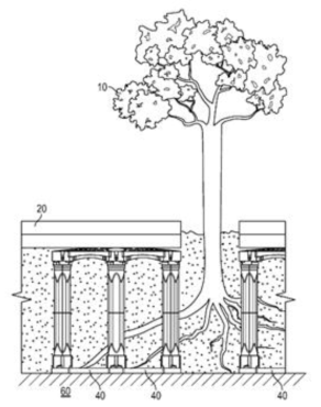 기둥형 식재 기반의 예시 (국제출원번호 PCT/US2016/025896 (2016.04.04.) “More efficient structural cell for facilitating tree root growth”)