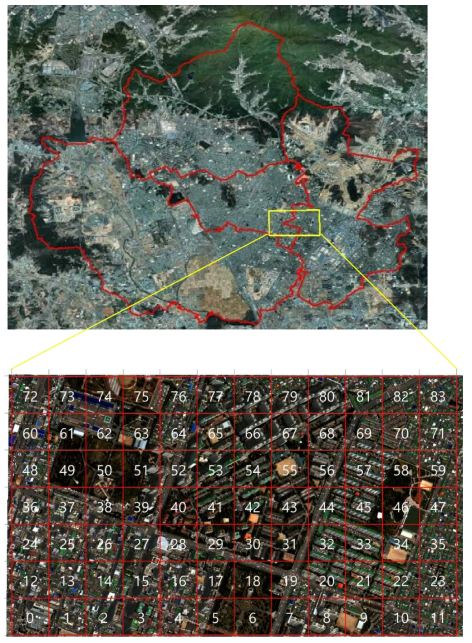 샘플링 지역 및 해당 지역 내 샘플링 격자 위치